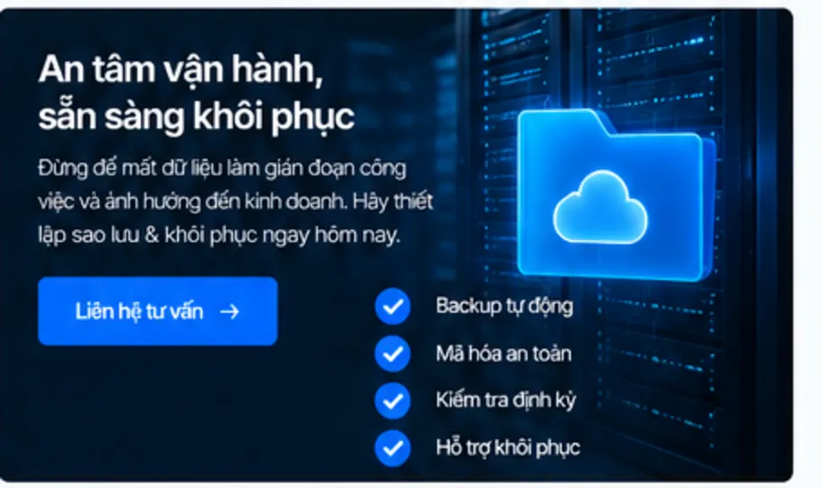 Minh họa backup tự động, lưu trữ an toàn và hỗ trợ khôi phục