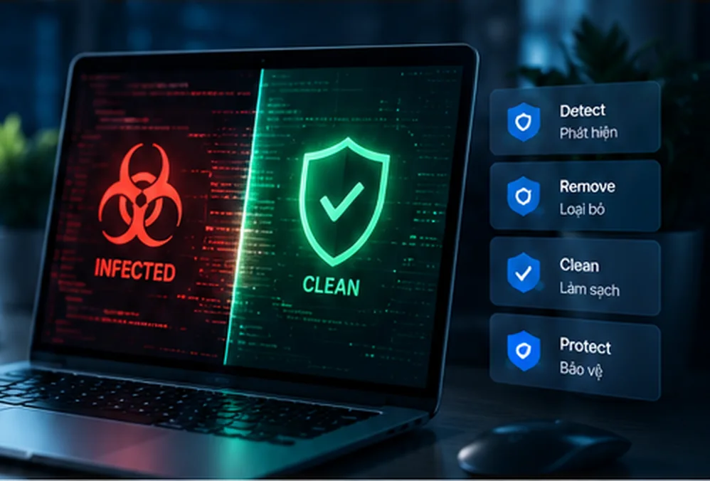 Minh họa website nhiễm mã độc được làm sạch và bảo vệ