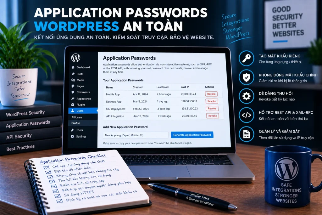 Application Passwords WordPress cho API và integration với credential riêng, revoke độc lập và theo dõi lần sử dụng