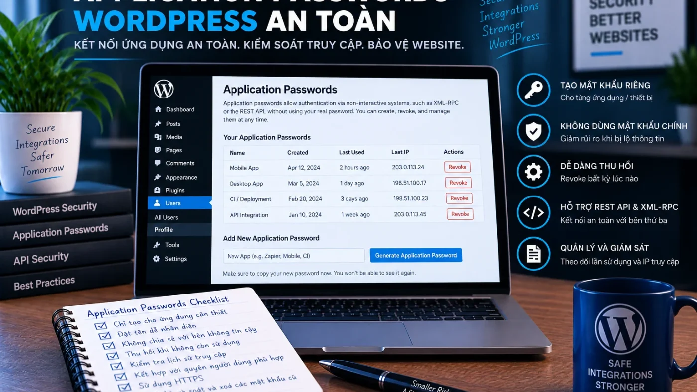 Application Passwords WordPress cho API và integration với credential riêng, revoke độc lập và theo dõi lần sử dụng