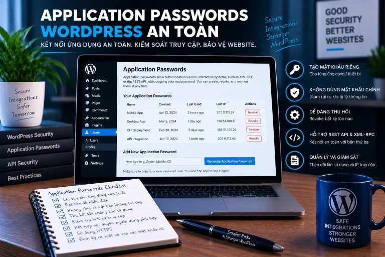 Application Passwords WordPress cho API và integration với credential riêng, revoke độc lập và theo dõi lần sử dụng