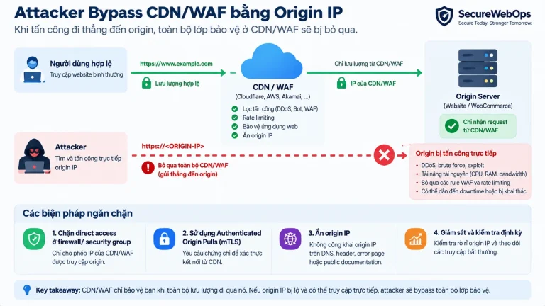 Sơ đồ attacker bypass CDN WAF bằng origin IP và biện pháp khóa direct access