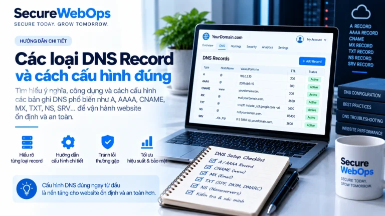 Audit DNS Record với bảng A, AAAA, CNAME, MX, TXT, NS và checklist kiểm tra DNS