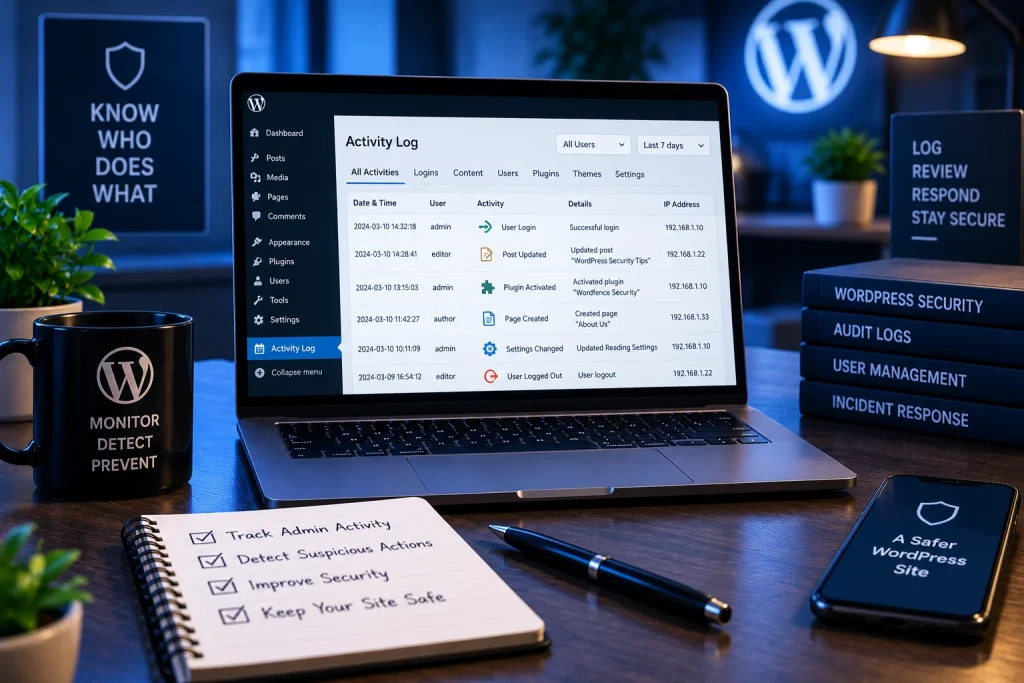 Audit log WordPress theo dõi admin activity và security events