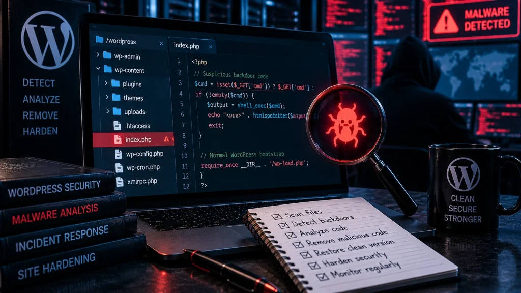 Minh họa backdoor WordPress duy trì quyền truy cập trái phép qua file PHP đáng ngờ