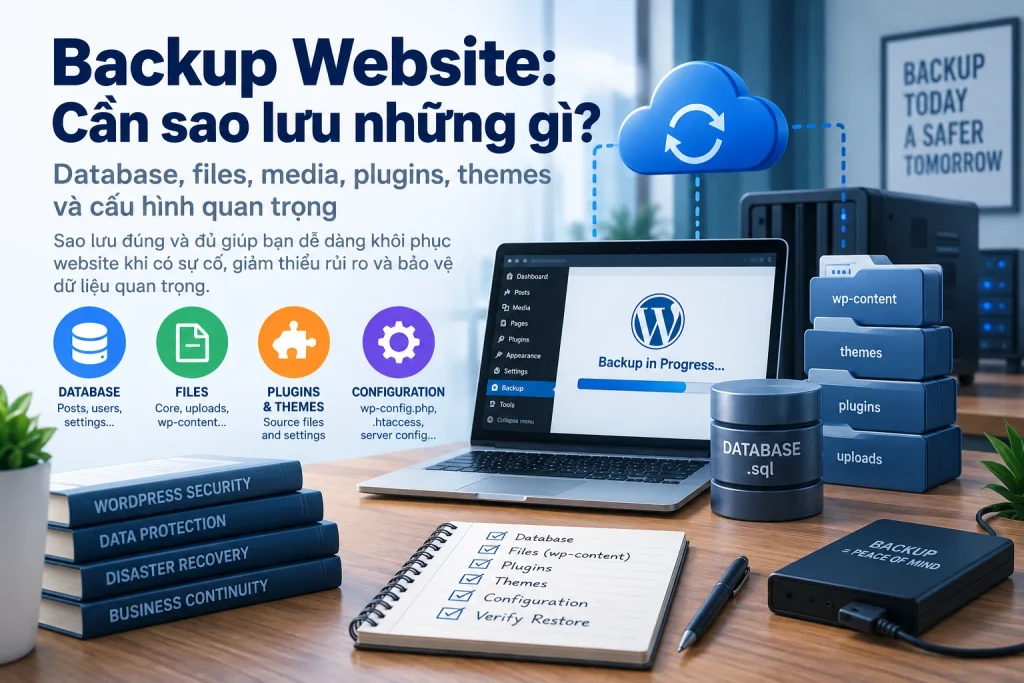 Backup Database và File website gồm database, files, uploads, plugin, theme và cấu hình