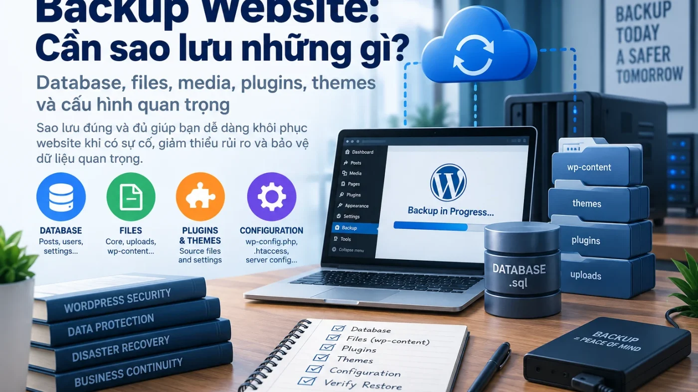 Backup Database và File website gồm database, files, uploads, plugin, theme và cấu hình
