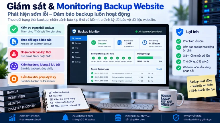Backup Monitoring website với dashboard trạng thái backup, storage, logs và cảnh báo