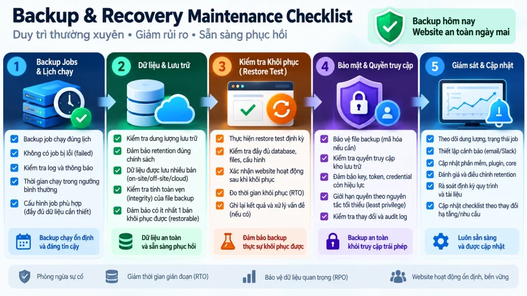 Backup Recovery Maintenance Checklist với backup jobs, retention, restore test, security và monitoring