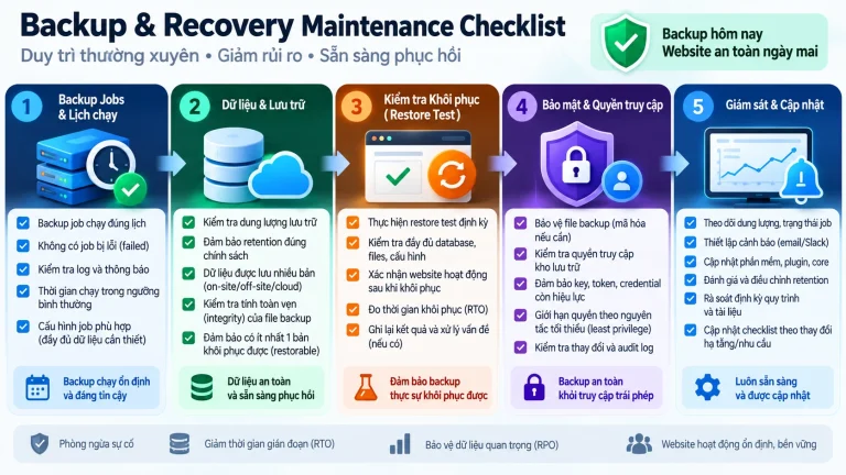 Backup Recovery Maintenance Checklist với backup jobs, retention, restore test, security và monitoring