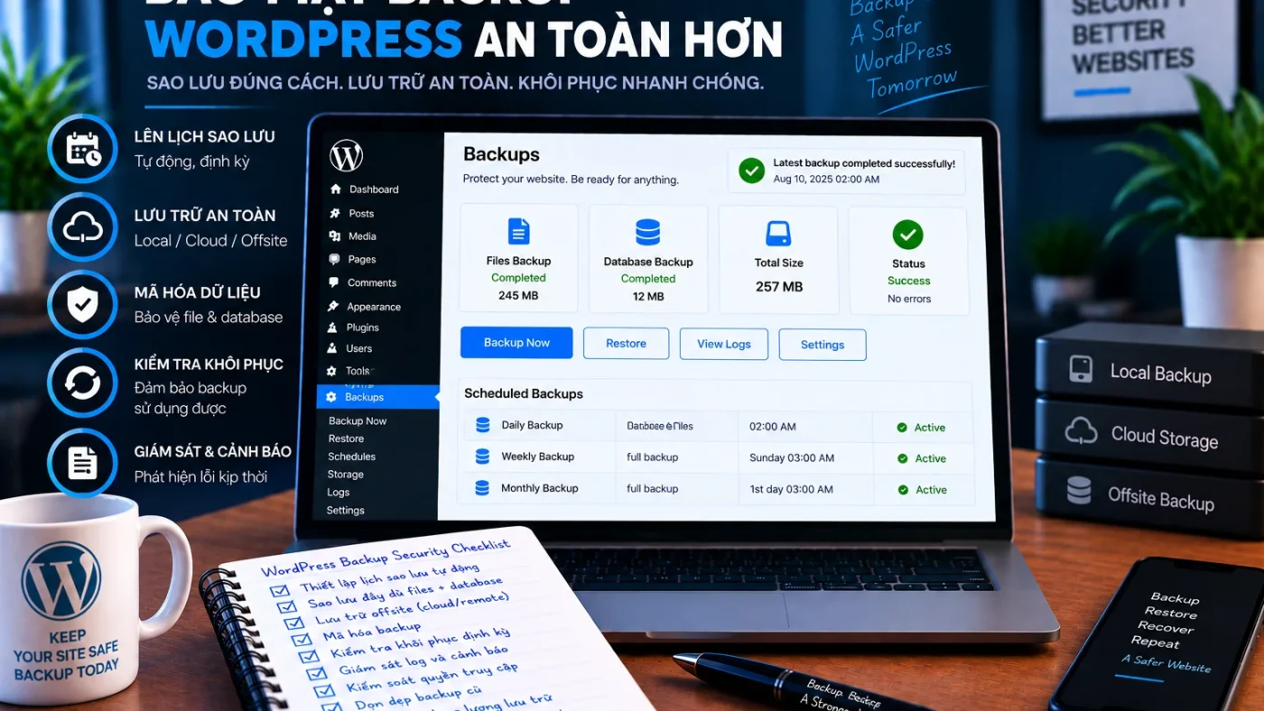 Bảo mật backup WordPress với files và database backup, lưu trữ offsite, mã hóa, kiểm tra khôi phục và giám sát