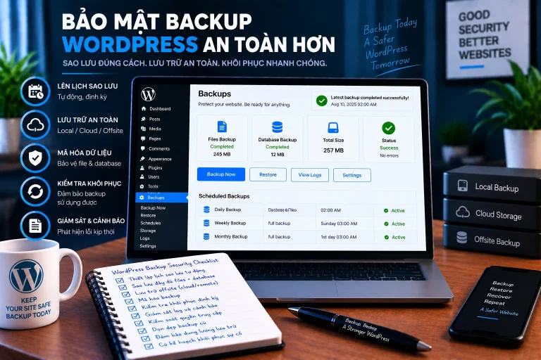 Bảo mật backup WordPress với files và database backup, lưu trữ offsite, mã hóa, kiểm tra khôi phục và giám sát