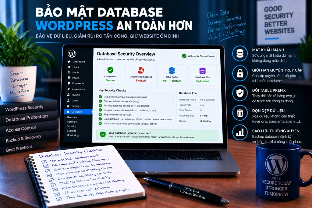 Bảo mật database WordPress với credential mạnh, quyền truy cập tối thiểu, giới hạn network, backup và monitoring