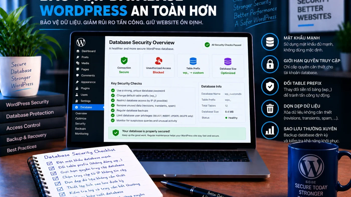 Bảo mật database WordPress với credential mạnh, quyền truy cập tối thiểu, giới hạn network, backup và monitoring