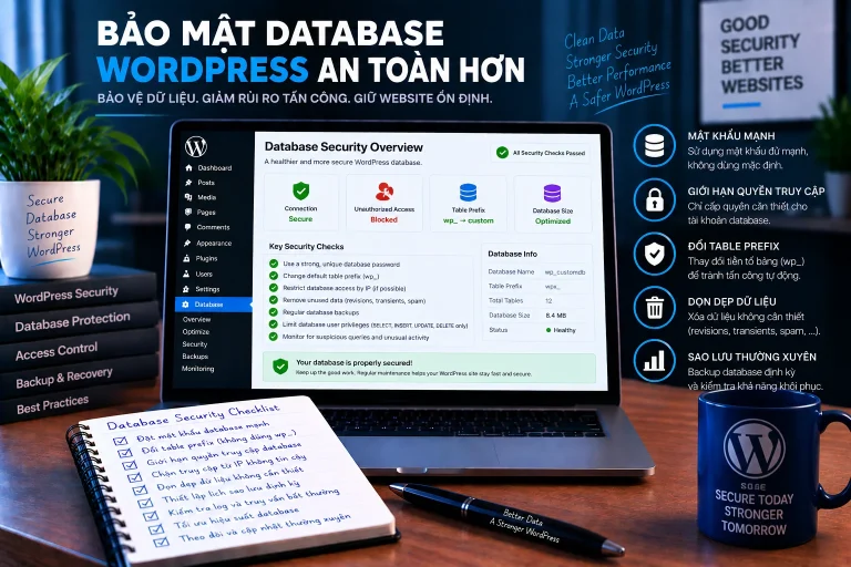 Bảo mật database WordPress với credential mạnh, quyền truy cập tối thiểu, giới hạn network, backup và monitoring