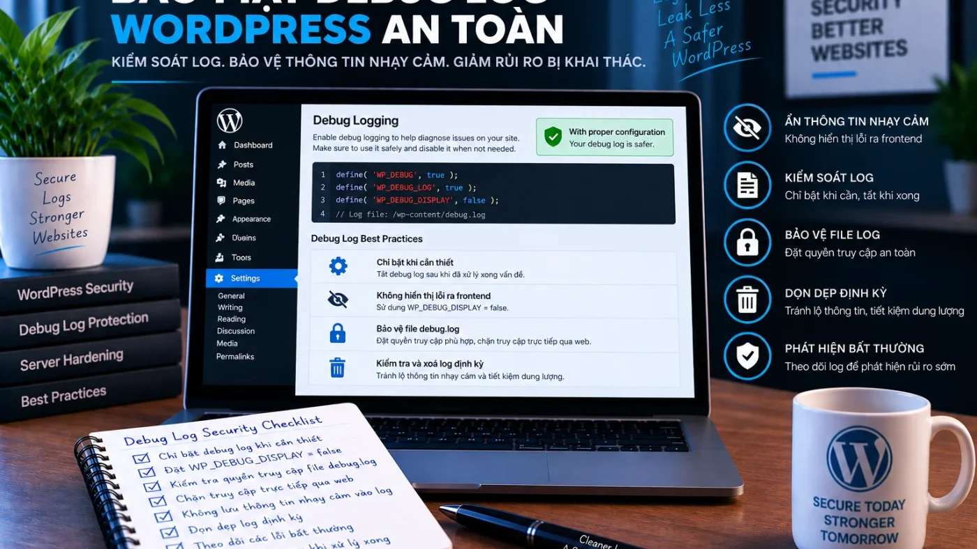 Bảo mật debug và log WordPress với WP_DEBUG_LOG, ẩn lỗi frontend, bảo vệ file log và tắt debug sau khi xử lý