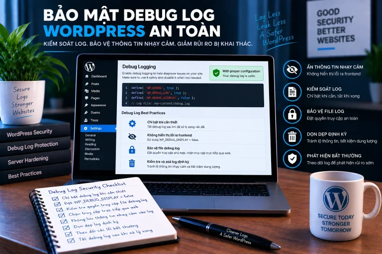Bảo mật debug và log WordPress với WP_DEBUG_LOG, ẩn lỗi frontend, bảo vệ file log và tắt debug sau khi xử lý