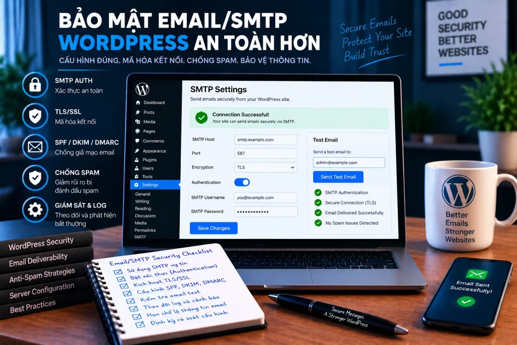Bảo mật email SMTP WordPress với xác thực SMTP, TLS SSL, SPF DKIM DMARC, chống spam và giám sát gửi mail