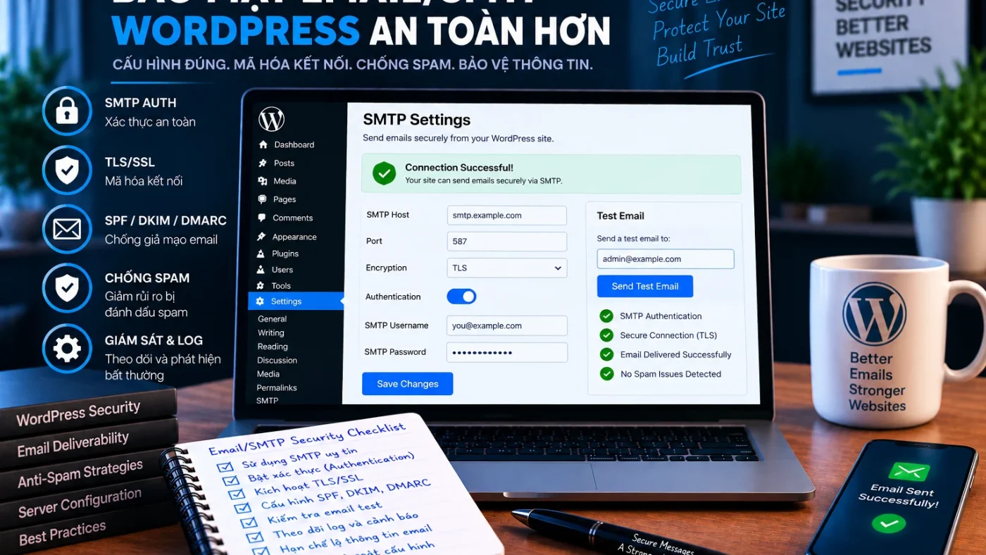 Bảo mật email SMTP WordPress với xác thực SMTP, TLS SSL, SPF DKIM DMARC, chống spam và giám sát gửi mail