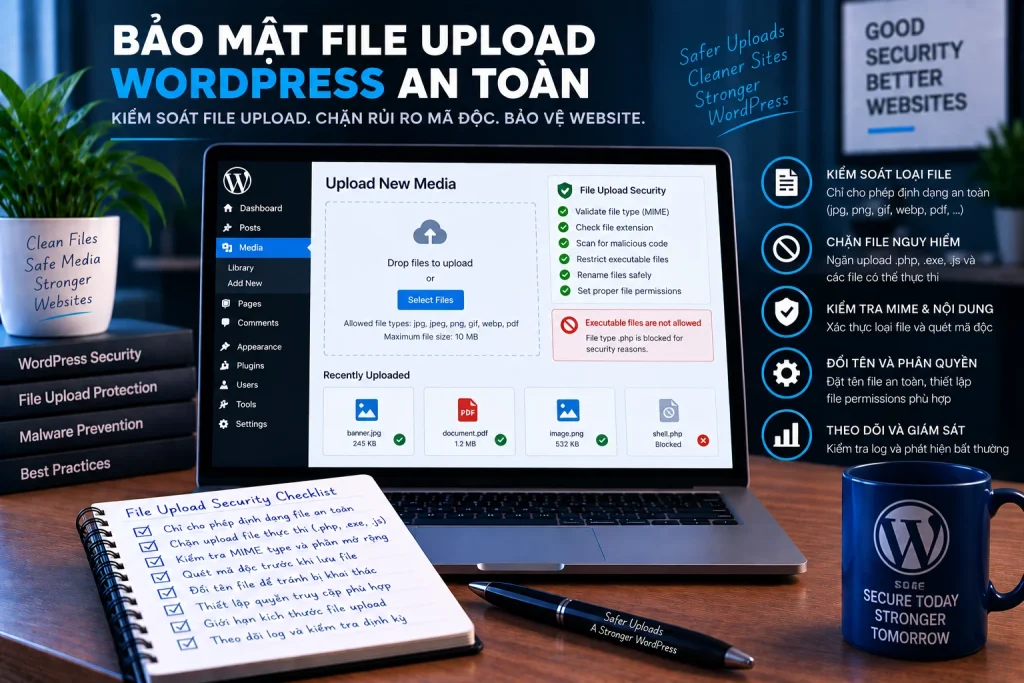 Bảo mật file upload WordPress với MIME validation, whitelist loại file, chặn executable uploads và giám sát hoạt động tải lên