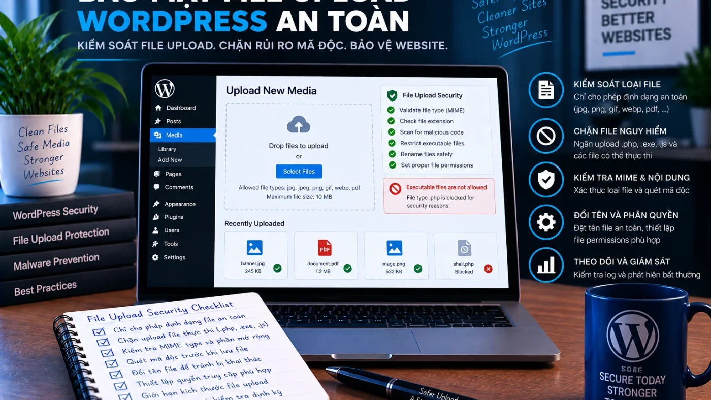 Bảo mật file upload WordPress với MIME validation, whitelist loại file, chặn executable uploads và giám sát hoạt động tải lên