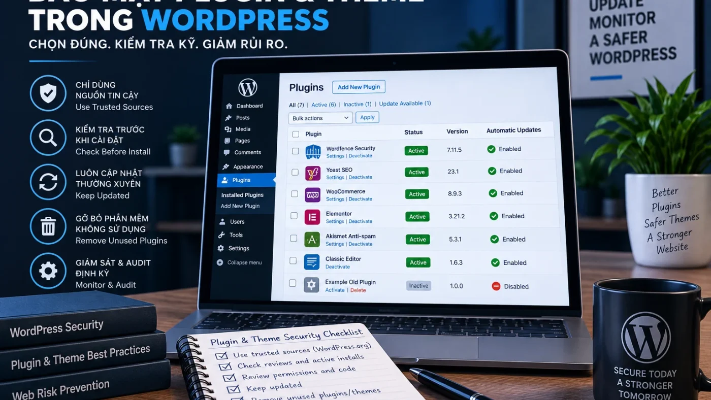 Bảo mật plugin và theme WordPress với kiểm tra nguồn cài đặt, cập nhật, loại bỏ plugin không dùng và audit định kỳ