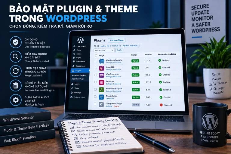 Bảo mật plugin và theme WordPress với kiểm tra nguồn cài đặt, cập nhật, loại bỏ plugin không dùng và audit định kỳ