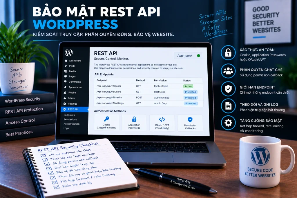 Bảo mật REST API WordPress với authentication, permission callback, kiểm soát endpoint và monitoring truy cập