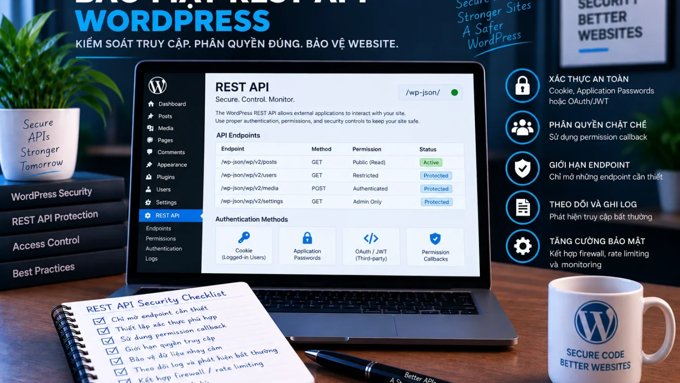 Bảo mật REST API WordPress với authentication, permission callback, kiểm soát endpoint và monitoring truy cập