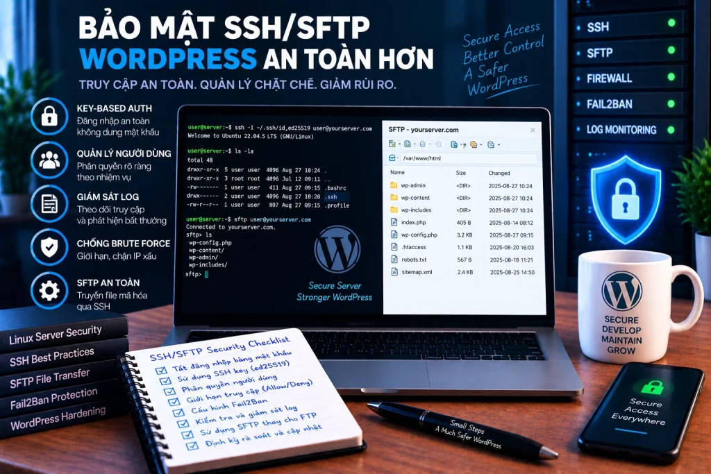 Bảo mật SSH SFTP WordPress với key-based authentication, quản lý người dùng, log monitoring, SFTP và brute-force protection