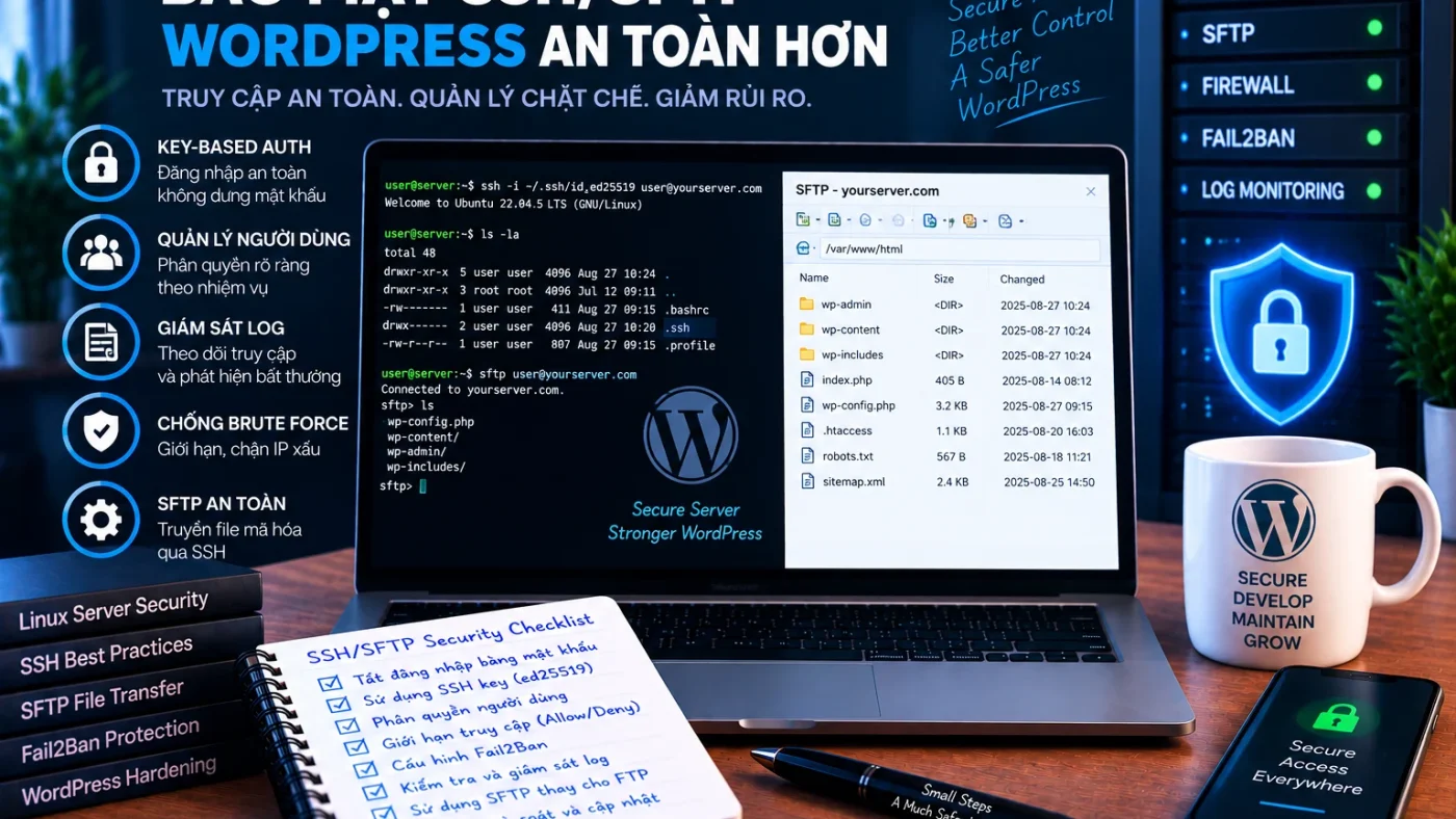 Bảo mật SSH SFTP WordPress với key-based authentication, quản lý người dùng, log monitoring, SFTP và brute-force protection