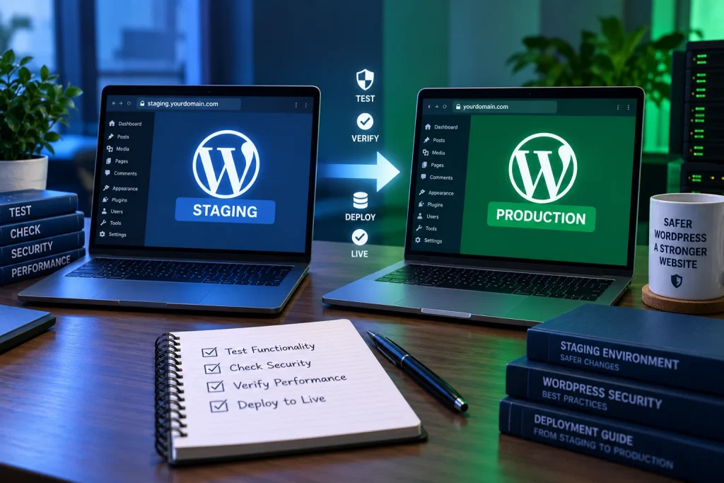 Môi trường staging WordPress tách biệt với production để kiểm thử an toàn