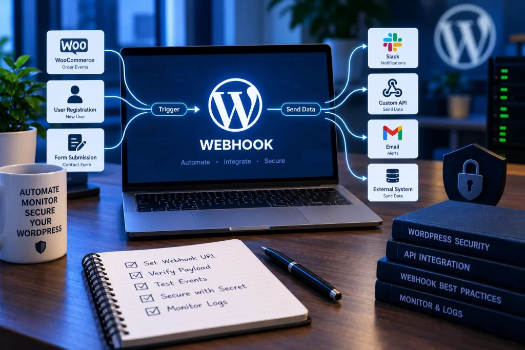 Luồng webhook WordPress kết nối hệ thống ngoài với kiểm soát bảo mật và monitoring