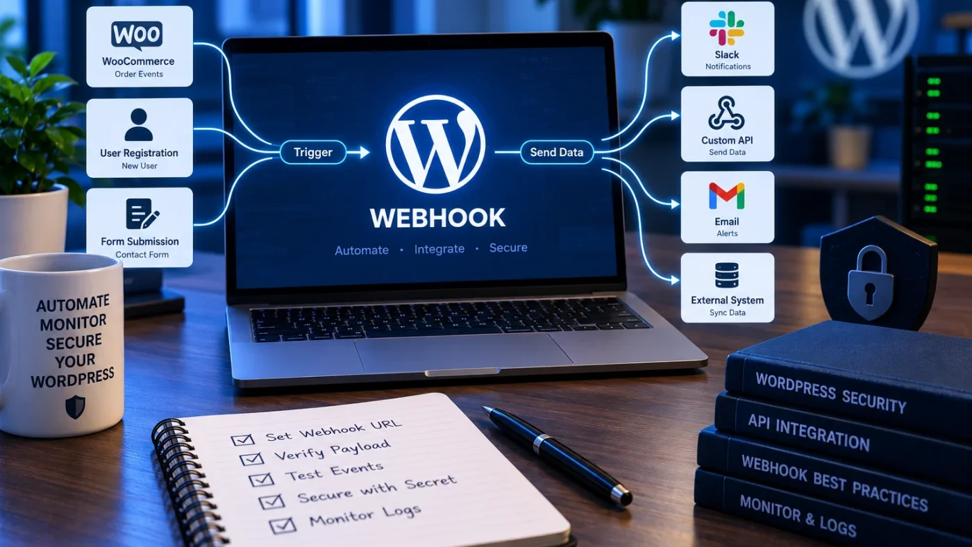 Luồng webhook WordPress kết nối hệ thống ngoài với kiểm soát bảo mật và monitoring