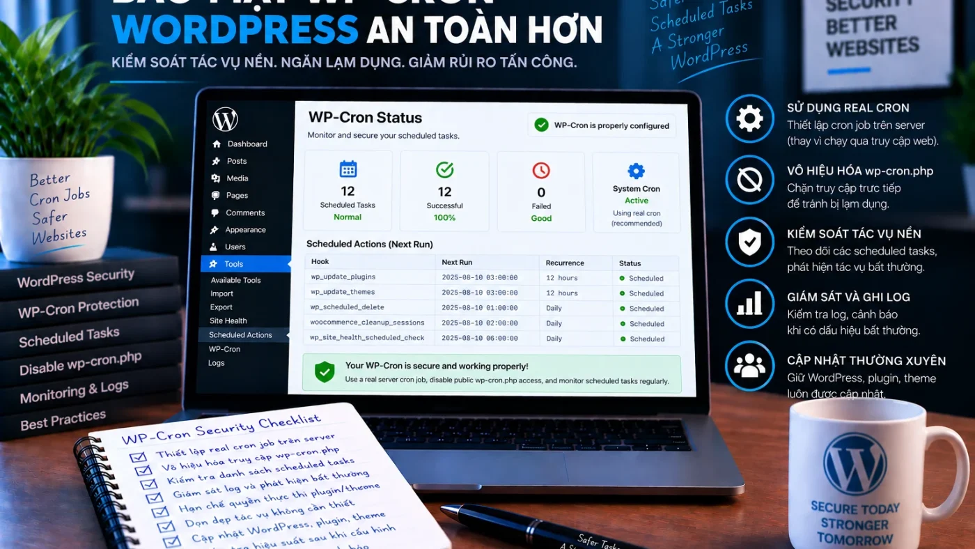 Bảo mật WP-Cron WordPress với scheduled events, system cron, owner callback, monitoring và persistence review