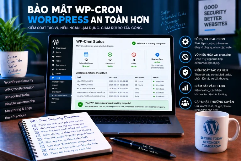 Bảo mật WP-Cron WordPress với scheduled events, system cron, owner callback, monitoring và persistence review