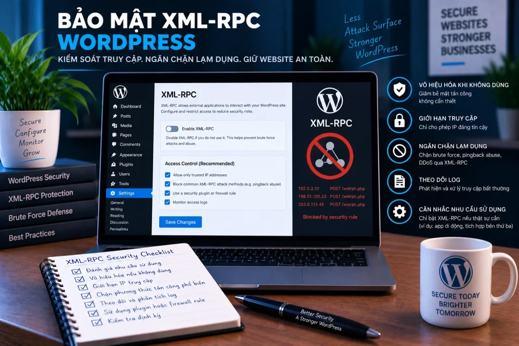 Bảo mật XML-RPC WordPress với kiểm soát truy cập, hạn chế abuse, theo dõi log và chỉ bật khi có nhu cầu