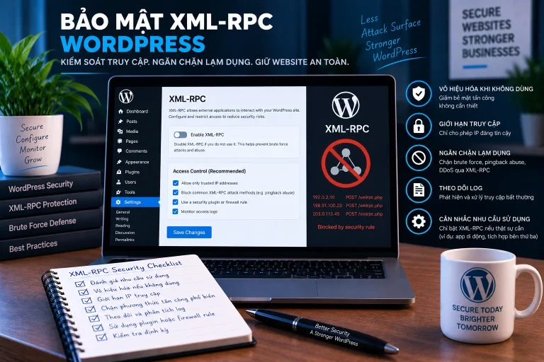 Bảo mật XML-RPC WordPress với kiểm soát truy cập, hạn chế abuse, theo dõi log và chỉ bật khi có nhu cầu