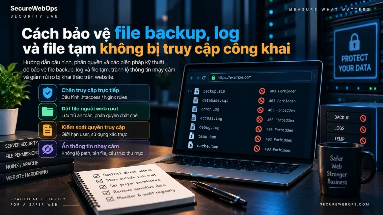 Bảo vệ file backup log và file tạm khỏi truy cập công khai bằng webroot isolation access control retention và offsite storage