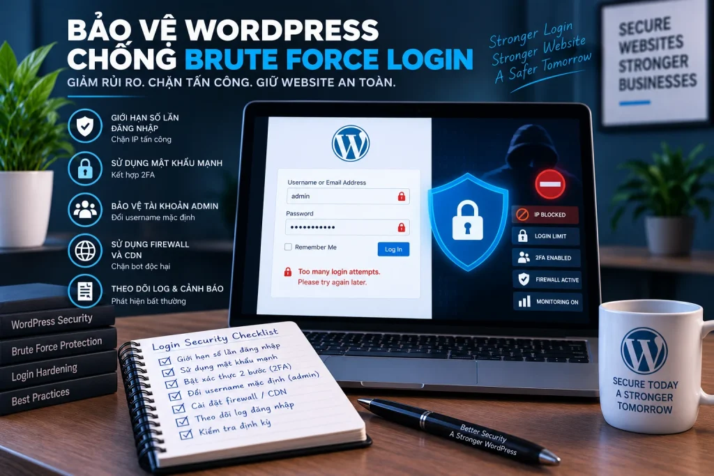 Bảo vệ WordPress chống brute-force và login abuse với giới hạn đăng nhập, 2FA, firewall và monitoring