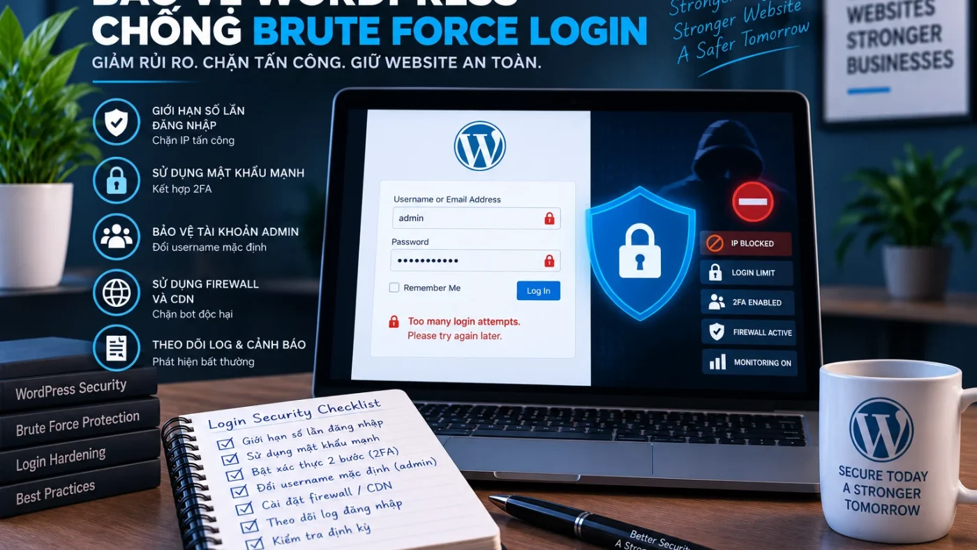 Bảo vệ WordPress chống brute-force và login abuse với giới hạn đăng nhập, 2FA, firewall và monitoring