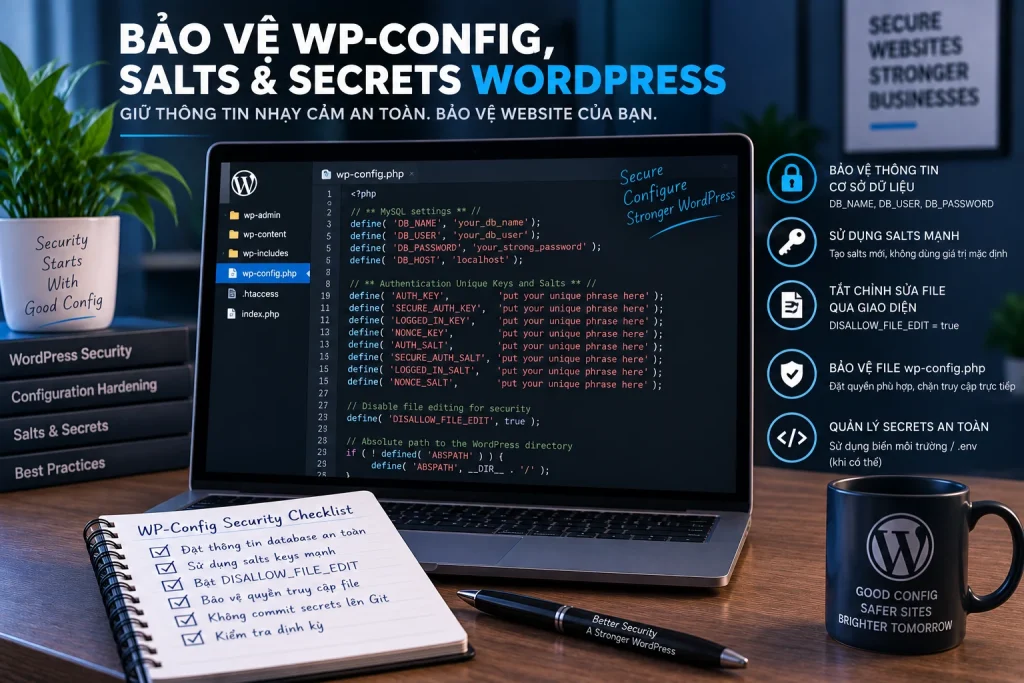 Bảo vệ wp-config.php, salts và secrets WordPress với security keys, DISALLOW_FILE_EDIT và quản lý thông tin nhạy cảm an toàn