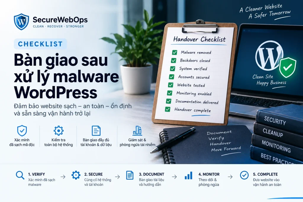 Checklist bàn giao website sau xử lý malware WordPress gồm xác minh, bảo mật, tài liệu, giám sát và hoàn tất