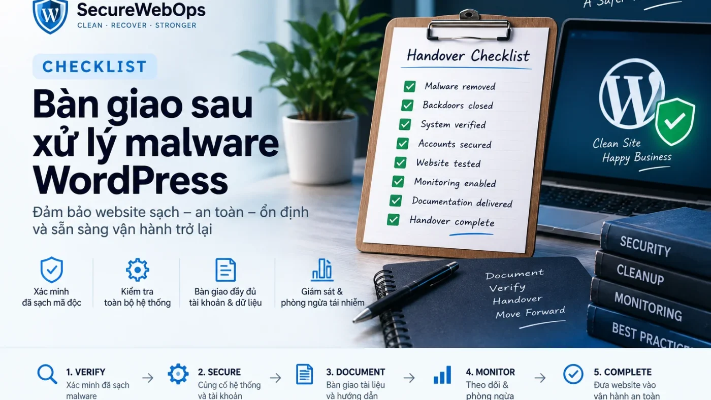 Checklist bàn giao website sau xử lý malware WordPress gồm xác minh, bảo mật, tài liệu, giám sát và hoàn tất