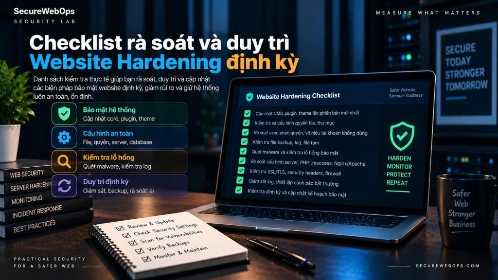 Checklist duy trì Website Hardening định kỳ với update account TLS backup cron monitoring và configuration drift
