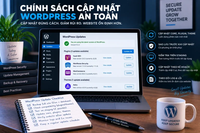 Chính sách cập nhật WordPress an toàn với backup, staging, cập nhật core plugin theme và theo dõi log sau update