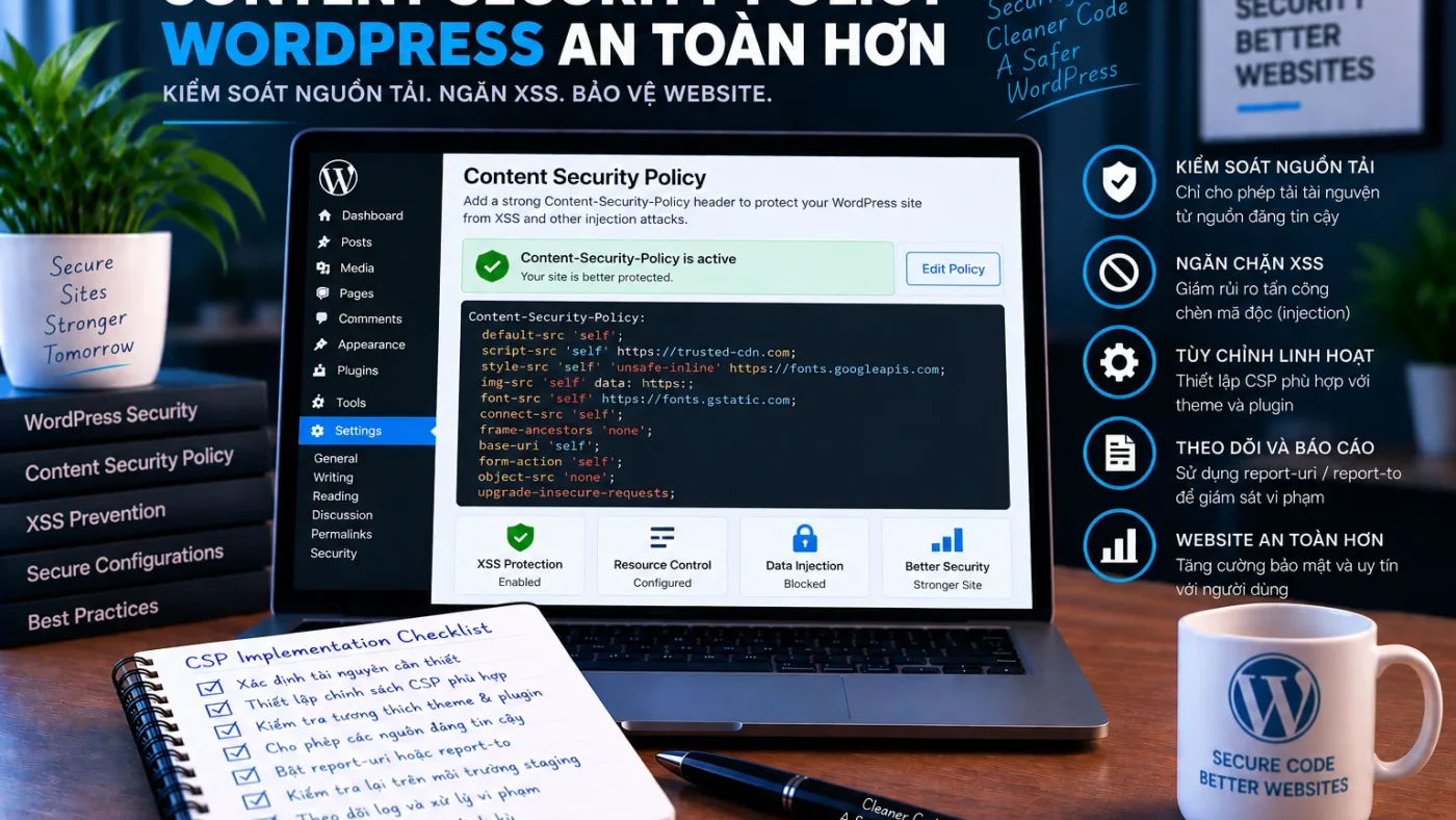 Content Security Policy cho WordPress với kiểm soát nguồn tải, XSS protection, policy tuning và violation reporting