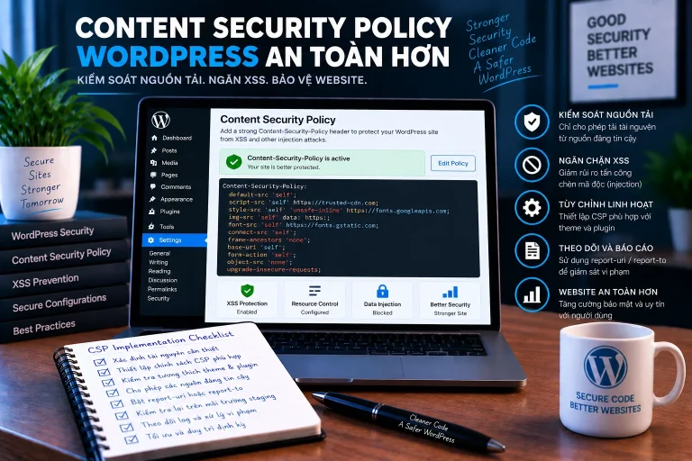 Content Security Policy cho WordPress với kiểm soát nguồn tải, XSS protection, policy tuning và violation reporting