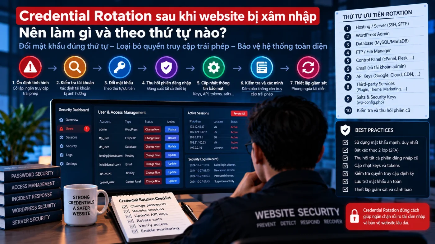 Credential Rotation sau khi website bị xâm nhập theo thứ tự an toàn