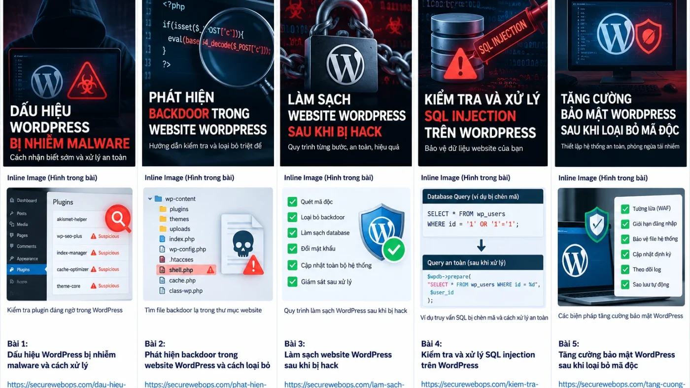 Minh họa kiểm tra database WordPress bị chèn mã độc hoặc nội dung spam